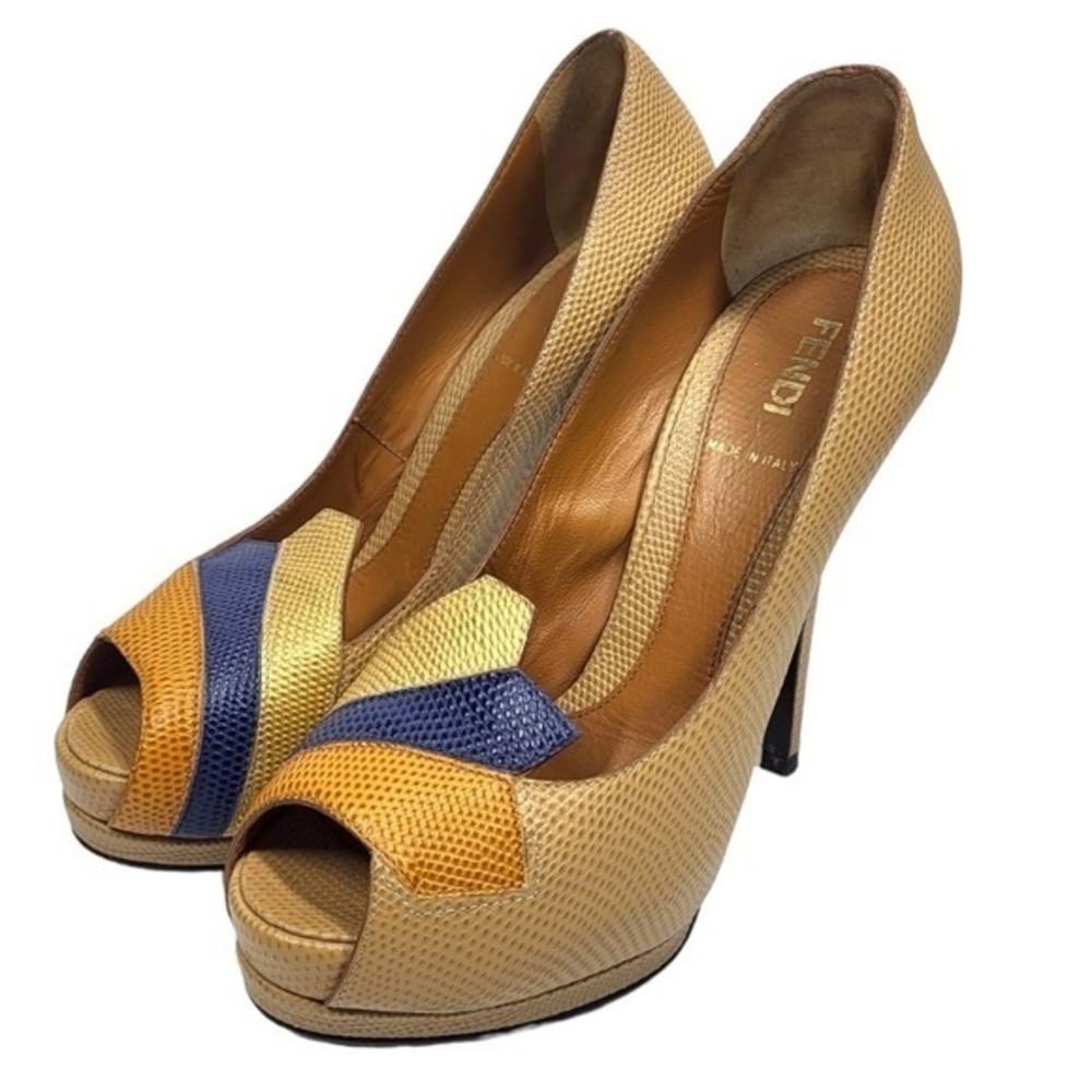 Fendi Peep Toe Platform Pebbled Leather Tritone Heels in Tan Blue & Gold